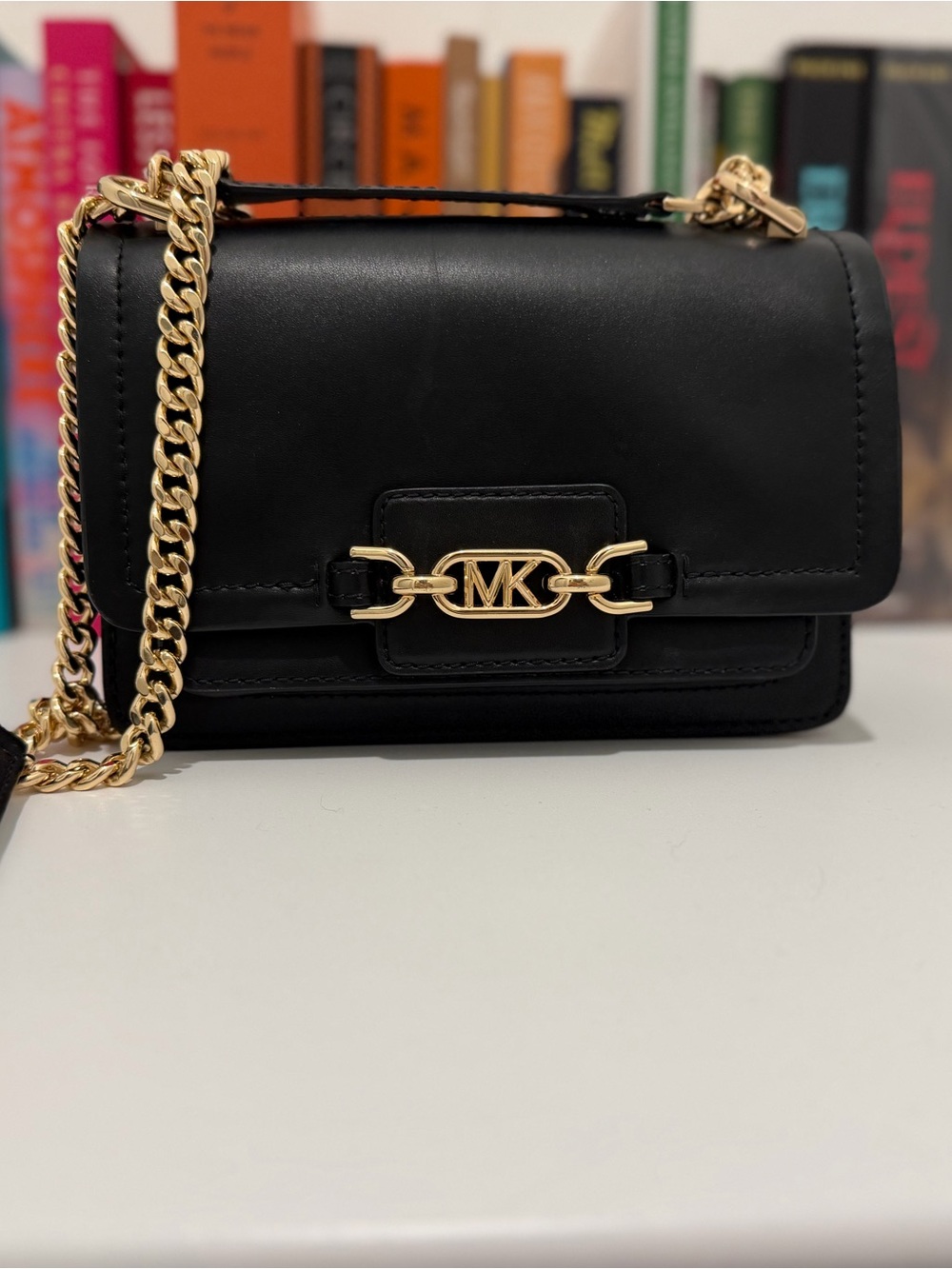 Michael Kors Black Leather Crossbody with Gold Chain